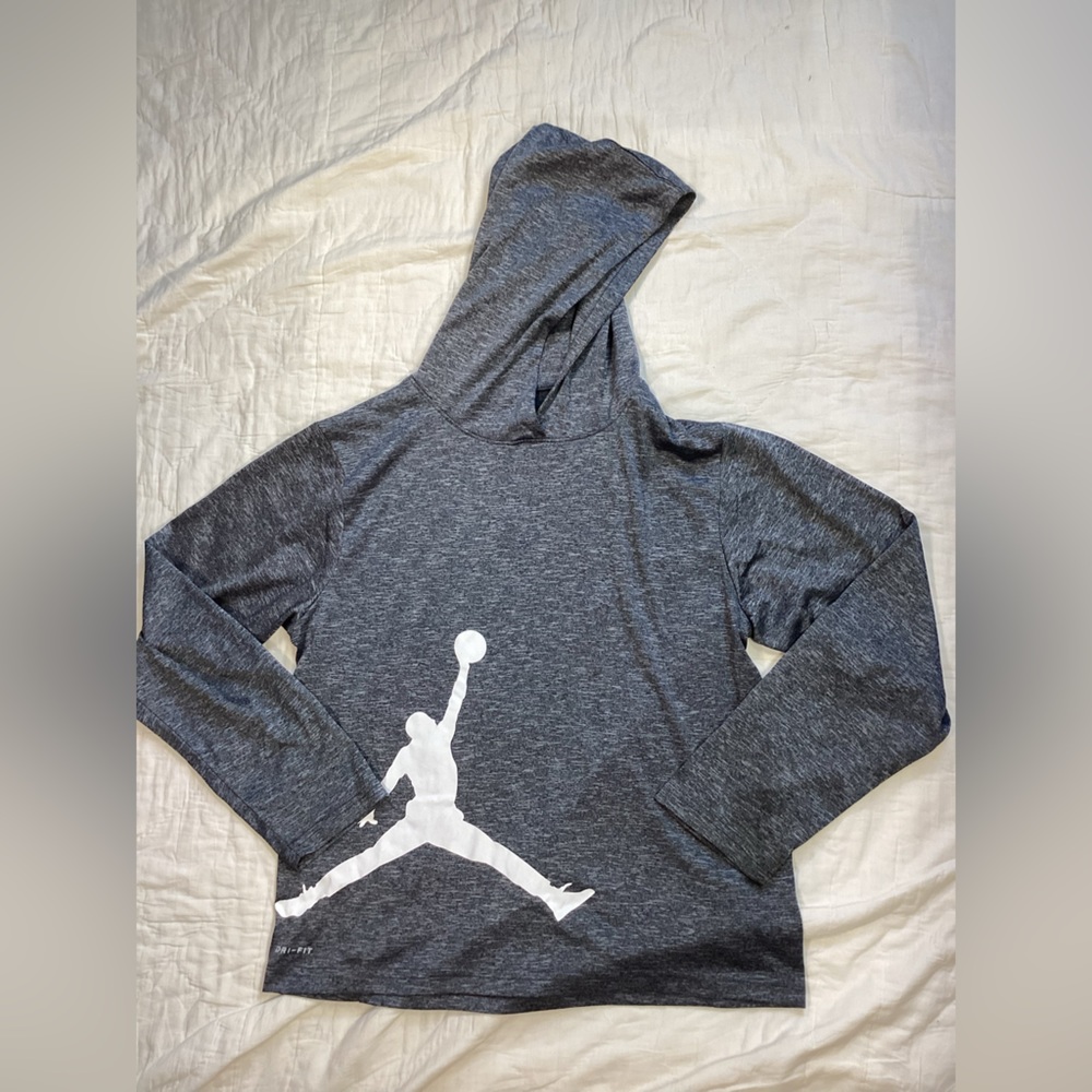 Boys Jordan Dri-Fit Hooded Long Sleeve Athletic‎ Tee Gray Large